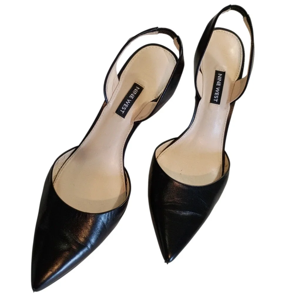Nine West Black Leather Slingback Pumps Pointed Toe Stiletto Heels dOrsay SZ 9.5